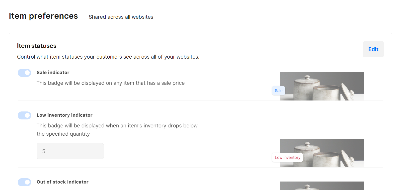 Square Online item preferences to set notifications like out of stock 