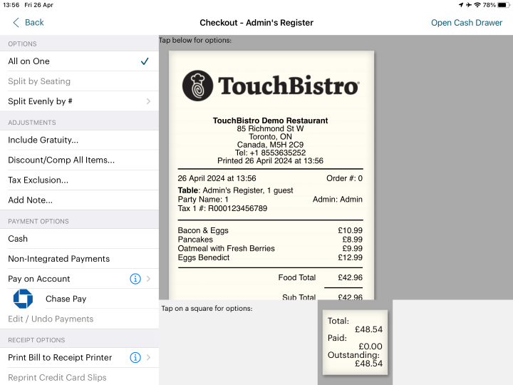 Screenshot of the TouchBistro POS checkout page